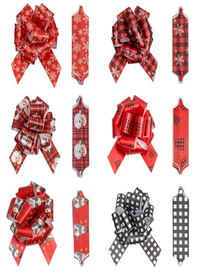 LeZakaa 12PCS Christmas Pull Bows with Ribbon - Buffalo Plaid with Snowman and Santa Claus Design - Perfect for Gift Wrapping, Florist, Bouquet, Basket - Image 1